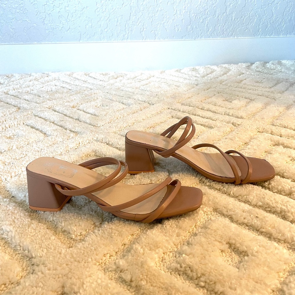 Strappy nude mule heels
